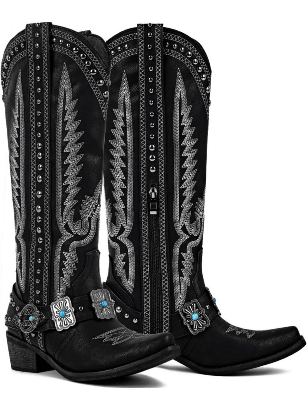 Knee High Western Cowgirl Boots for Women - Embroidered, Belt Buckle, Chains